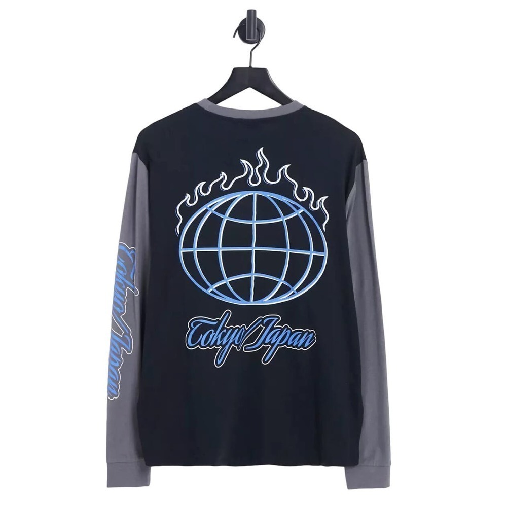 ASOS Deisgn Relaxed Long Sleeve T-Shirt Tokyo City Print in Black, Size M​​​​​​